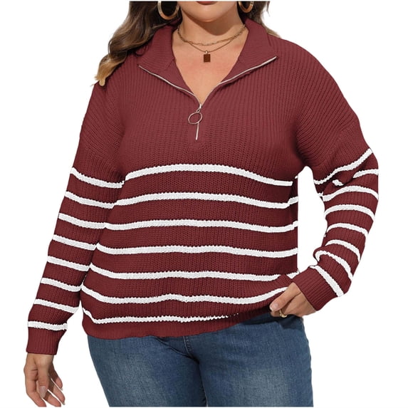 Gytharion Women's Quarter Zip Sweaters Loose Striped Turn Down Collar Long Sleeve Pullover Tops with Ribbed Cuffs Fashion Jumper Tops