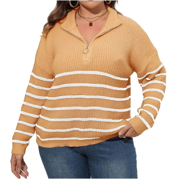 Gytharion Women's Quarter Zip Sweaters Loose Striped Turn Down Collar Long Sleeve Pullover Tops with Ribbed Cuffs Fashion Jumper Tops