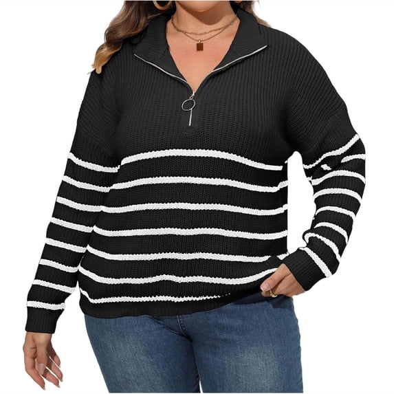 Gytharion Women's Quarter Zip Sweaters Loose Striped Turn Down Collar Long Sleeve Pullover Tops with Ribbed Cuffs Fashion Jumper Tops