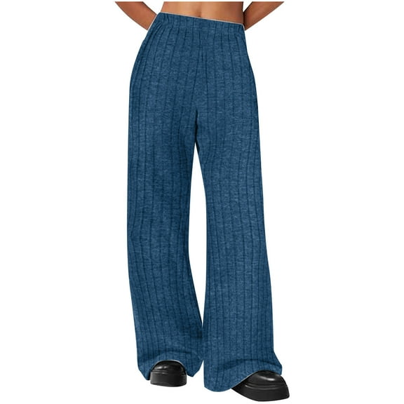Gytharion Women's Ribbed Wide Leg Lounge Pants Soft Comfy Knit Pajama Pants with Pockets Loose Casual Elastic High Waist Sleepwear Pants for Women