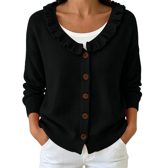 Gytharion Women's Ruffle Collar Cardigan Sweaters Button Front Round Neck Long Sleeve Knit Cardigans Solid Color Sweater Cardigans