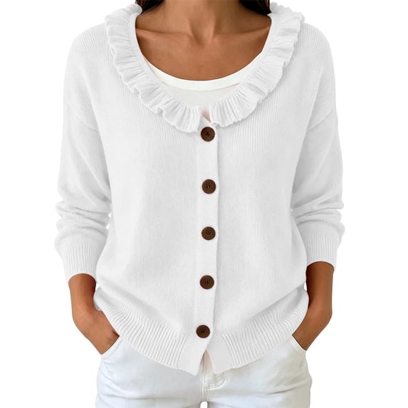 Gytharion Women's Ruffle Collar Cardigan Sweaters Button Front Round Neck Long Sleeve Knit Cardigans Solid Color Sweater Cardigans