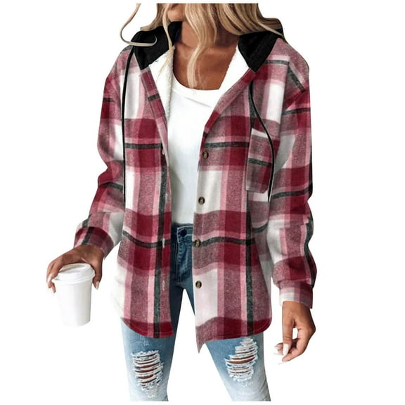 Gytharion Women's Sherpa Fleece Lined Jackets Fashion Casual Plaid Printed Button Down Hooded Coat Winter Soft Comfy Long Sleeve Warm Fuzzy Outerwear with Pockets