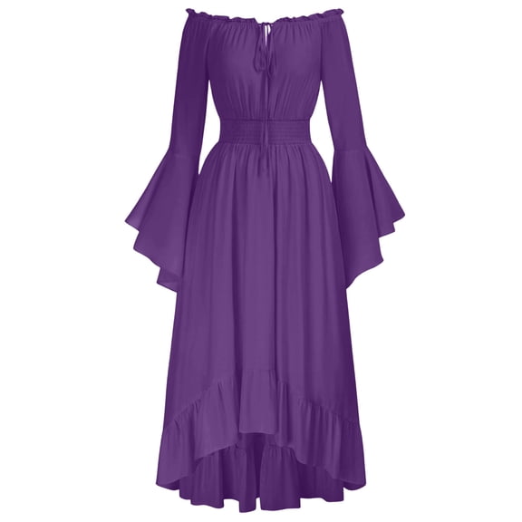 Gytharion Women's Off the Shoulder Long Bell Sleeves Gothic Dresses Smocked Waist Tummy Control High Low Ruffled Hem Dresses Solid Color Vintage Midi Gowns for Casual Party Halloween Cosplay