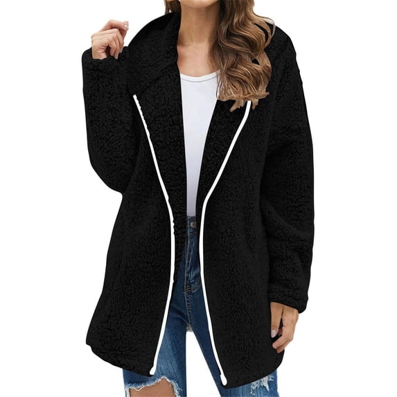 Gytharion Women's Solid Color Fleece Hooded Jackets Fashion Casual Knee-Length Warm Fuzzy Coat Soft Cozy Long Sleeve Full Zip Winter Coats for Women