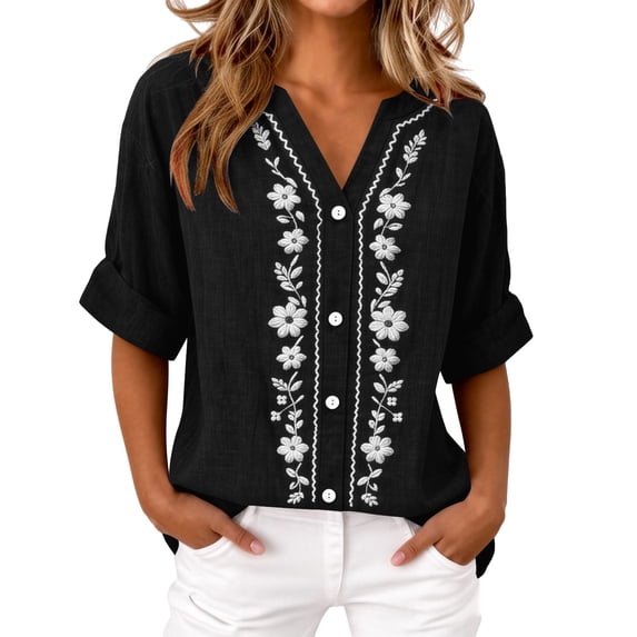 Gytharion Women's Spring and Summer Half Sleeves Cardigans V Neck Casual Solid Color Cardigan Cotton and Linen Button Front Tops