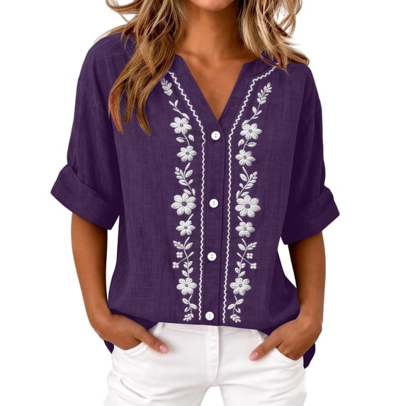 Gytharion Women's Spring and Summer Half Sleeves Cardigans V Neck Casual Solid Color Cardigan Cotton and Linen Button Front Tops
