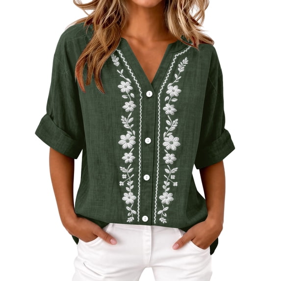 Gytharion Women's Spring and Summer Half Sleeves Cardigans V Neck Casual Solid Color Cardigan Cotton and Linen Button Front Tops