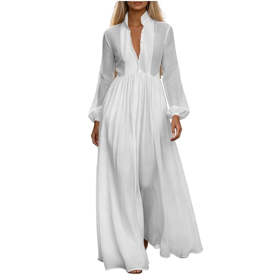 Gytharion Women's Stand Collar Maxi Dresses Long Sleeve Pleated Button Down Dresses Solid Color Loose Dresses
