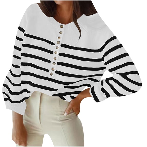 Gytharion Women's Striped Sweaters Loose Turn Down Collar Long Sleeve Button Front Sweaters with Ribbed Cuffs Fashion Knit Jackets