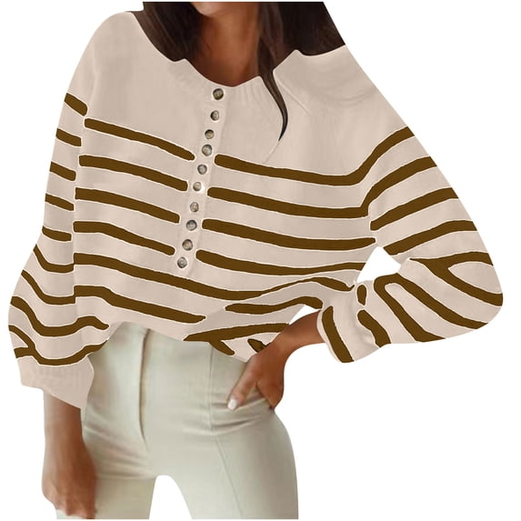 Gytharion Women's Striped Sweaters Loose Turn Down Collar Long Sleeve Button Front Sweaters with Ribbed Cuffs Fashion Knit Jackets