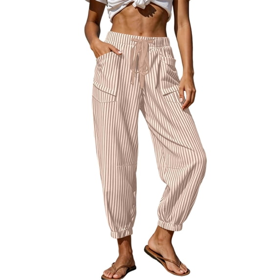 Gytharion Women's Stripes Cuffed Pants Drawstring Elastic Waist with Pockets Casual Loose Trousers