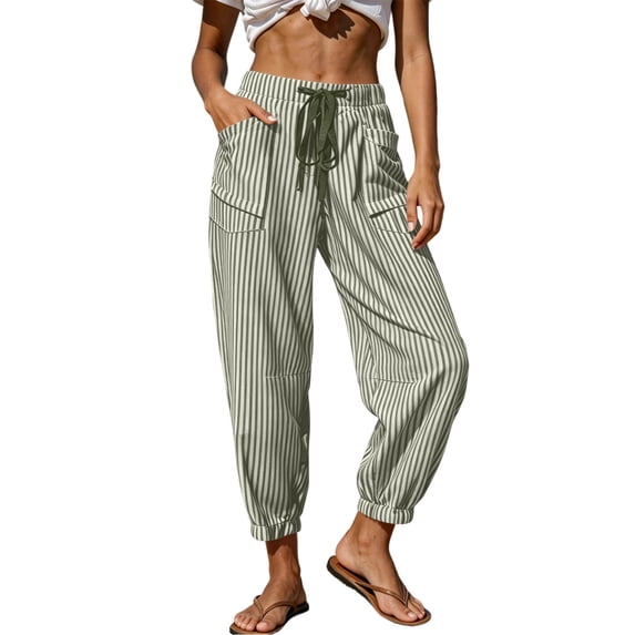 Gytharion Women's Stripes Cuffed Pants Drawstring Elastic Waist with Pockets Casual Loose Trousers