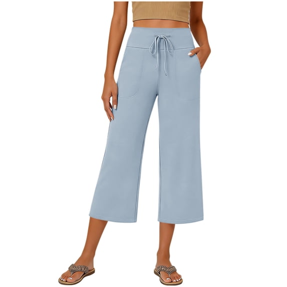 Gytharion Women's Summer Capri Pants with Pockets Casual Wide Leg Capri Pants Flowy Waisted Drawstring Capri Pants