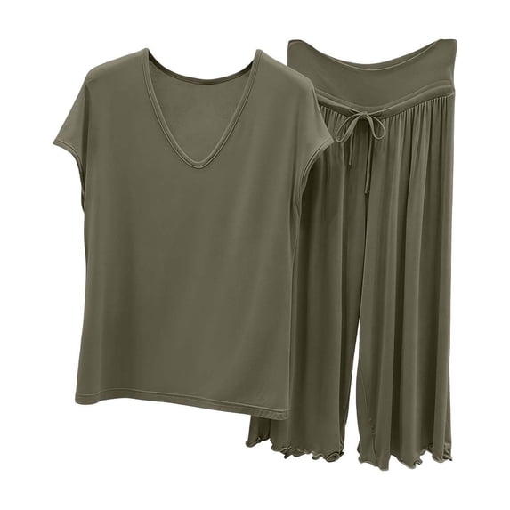 Gytharion Women's Summer Pajama Sets 2 Piece Lounge Sets Soild Color V Neck Sleeveless Tops and Ruffled Pants