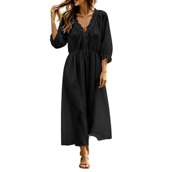 Gytharion Women's Swing Dresses Round Neck Comfortable Stylish Casual Dresses Three Quarter Sleeve Versatile Midi Dresses with Pockets