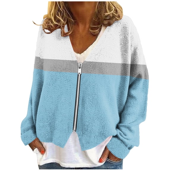 Gytharion Women's V-Neck Cardigan Jackets Fashionable Colorblocking Long Sleeve Full Zip Casual Coat Winter Loose Comfy Fleece Warm Outerwear