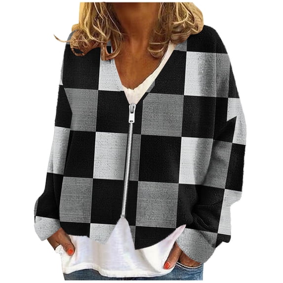 Gytharion Women's V-Neck Cardigan Jackets Fashionable Plaid Printed Long Sleeve Full Zip Casual Coat Winter Loose Comfy Fleece Warm Outerwear