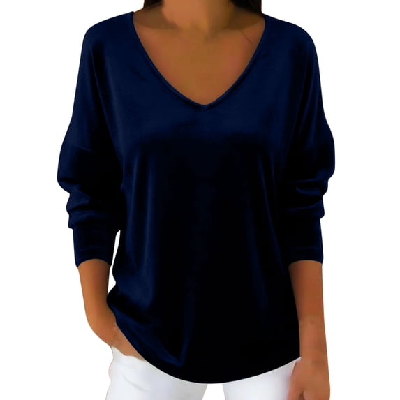 Gytharion Women's Velvet Blouses Elegant Solid Long Sleeve Velour T-Shirt Soft Comfy V-Neck Pullover Tops for Women