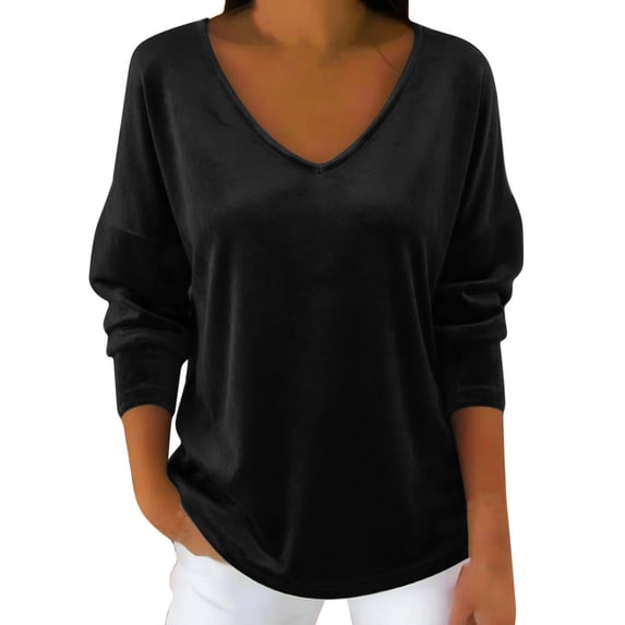 Gytharion Women's Velvet Blouses Elegant Solid Long Sleeve Velour T-Shirt Soft Comfy V-Neck Pullover Tops for Women