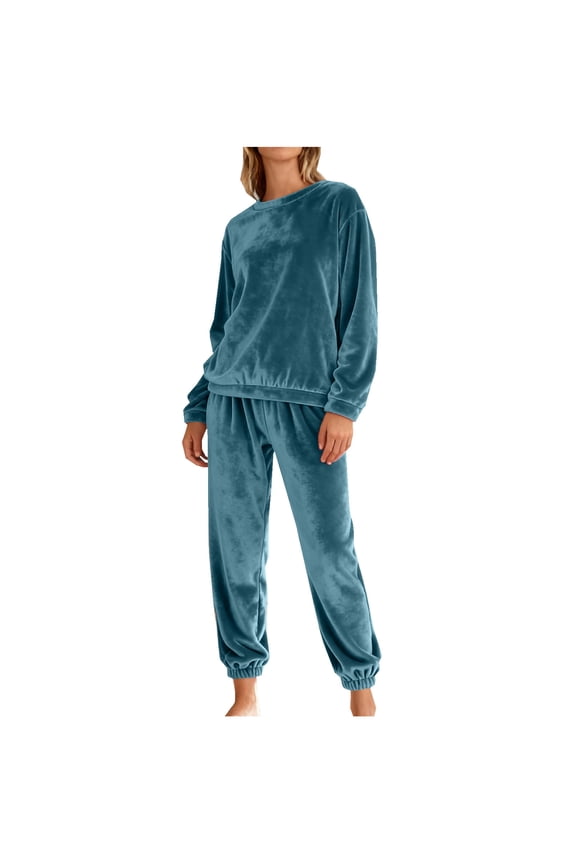 Women's Velvet Pajama Sets Soft Comfy Long Sleeve Crew Neck Pj Top and Jogger Pants Lounge Sets 2 Piece Winter Warm Velour Sleepwear Outfits
