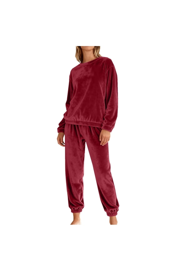 Women's Velvet Pajama Sets Soft Comfy Long Sleeve Crew Neck Pj Top and Jogger Pants Lounge Sets 2 Piece Winter Warm Velour Sleepwear Outfits