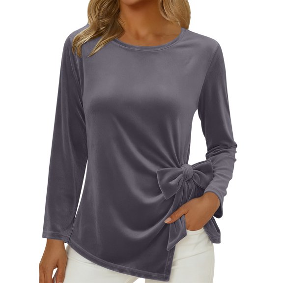 Gytharion Women's Velvet Tops Elegant Solid Bow Knot Velour Shirt Trendy Casual Long Sleeve Crewneck Dressy Blouses for Women