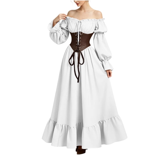 Gytharion Women's Victorian Court Style Dresses Renaissance Halloween Cosplay Gothic Dresses Off the Shoulder Puff Long Sleeves Waist Cincher Corset Lace Up Ruffled Hem Gown Maxi Dresses