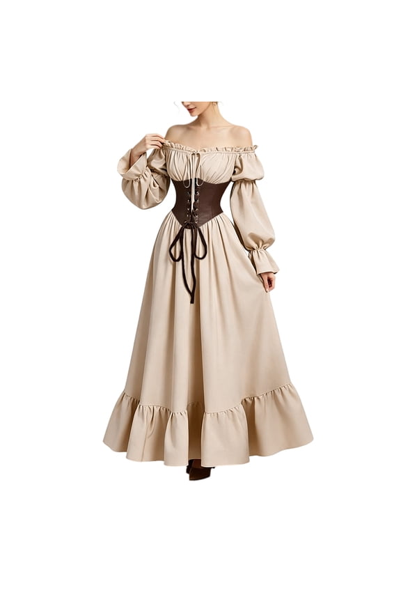 Women's Victorian Court Style Dresses Renaissance Halloween Cosplay Gothic Dresses Off the Shoulder Puff Long Sleeves Waist Cincher Corset Lace Up Ruffled Hem Gown Maxi Dresses