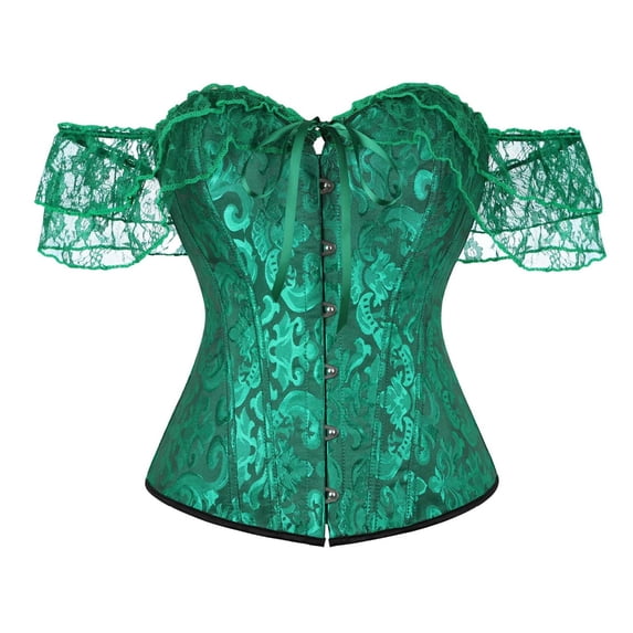 Gytharion Women's Vintage Lace Boned Corsets Bust Lift Push Up Hourglass Tummy Control Overbust Shapewear Tops Off the Shoulder Front Busk Closure Puff Sleeves Bodyshapers