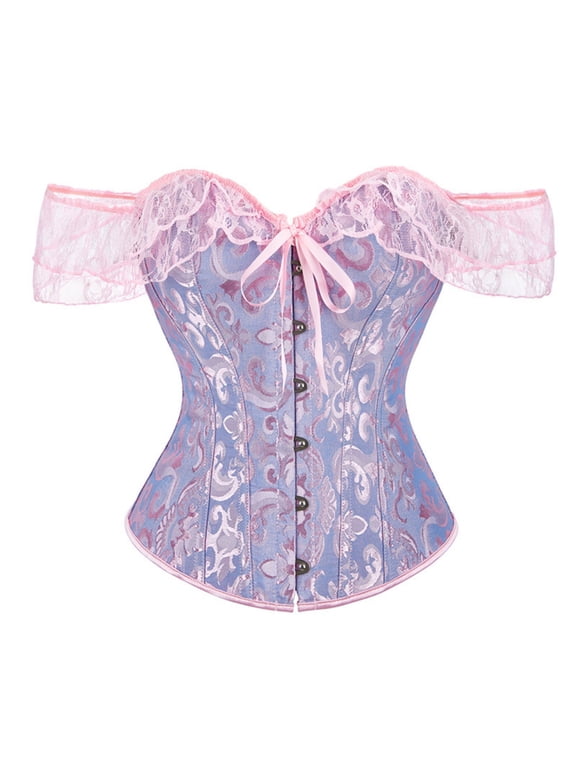 Women's Vintage Lace Boned Corsets Bust Lift Push Up Hourglass Tummy Control Overbust Shapewear Tops Off the Shoulder Front Busk Closure Puff Sleeves Bodyshapers