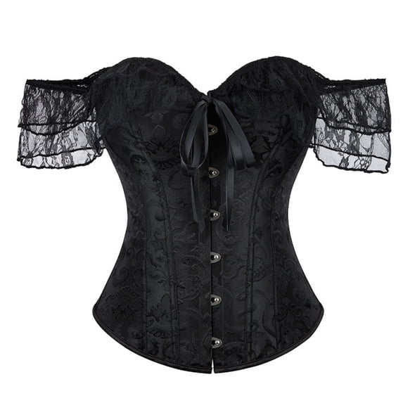 Gytharion Women's Vintage Lace Boned Corsets Bust Lift Push Up Hourglass Tummy Control Overbust Shapewear Tops Off the Shoulder Front Busk Closure Puff Sleeves Bodyshapers