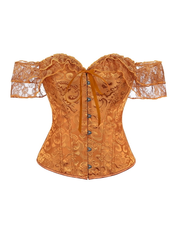 Women's Vintage Lace Boned Corsets Bust Lift Push Up Hourglass Tummy Control Overbust Shapewear Tops Off the Shoulder Front Busk Closure Puff Sleeves Bodyshapers
