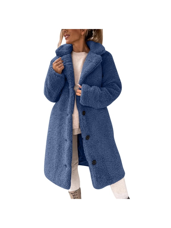 Women's Winter Coat Soft Comfy Sherpa Fleece Jacket Trendy Solid Long Sleeve Lapel Plush Warm Coat Lightweight Casual Button Down Long Fuzzy Outerwear