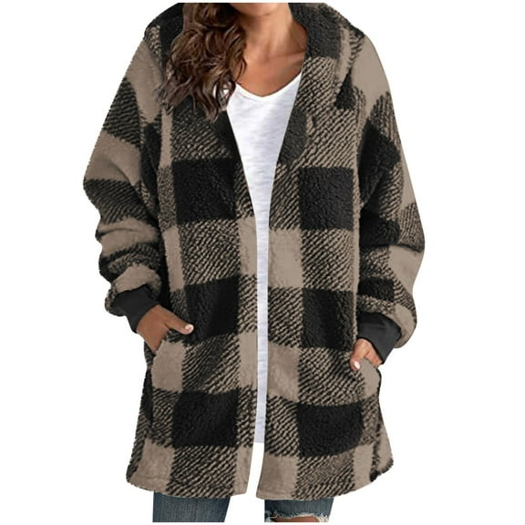 Gytharion Women's Winter Plaid Hooded Jackets Mid-Length Loose Fit Coat with Side Pockets Fashion Long Sleeve Fleece Warm Casual Cardigan Coat