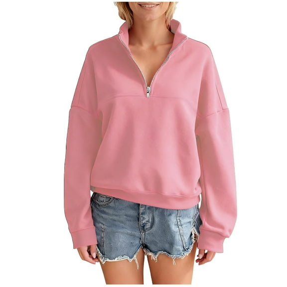 Gytharion Women's Winter Sweatshirts Fashion Solid Long Sleeve Lapel Pullover Top Fall Loose Comfy Half-zip Drop Shoulder Blouses for Women