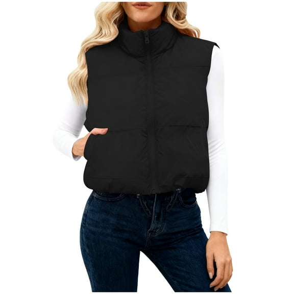 Gytharion Women's Winter Warm Down Vest Solid Cropped Sleeveless Puffer Jacket Lightweight Comfy Full Zip Up Stand Collar Outerwear Coat with Pockets