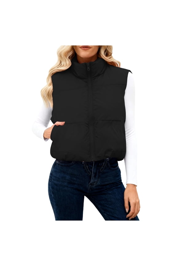 Women's Winter Warm Down Vest Solid Cropped Sleeveless Puffer Jacket Lightweight Comfy Full Zip Up Stand Collar Outerwear Coat with Pockets
