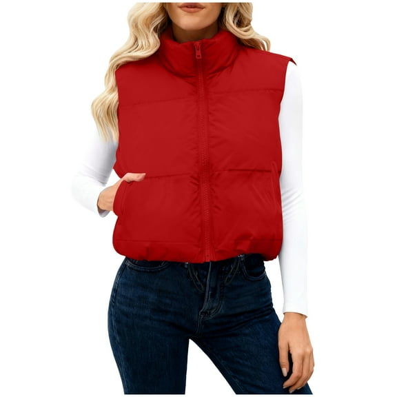 Gytharion Women's Winter Warm Down Vest Solid Cropped Sleeveless Puffer Jacket Lightweight Comfy Full Zip Up Stand Collar Outerwear Coat with Pockets