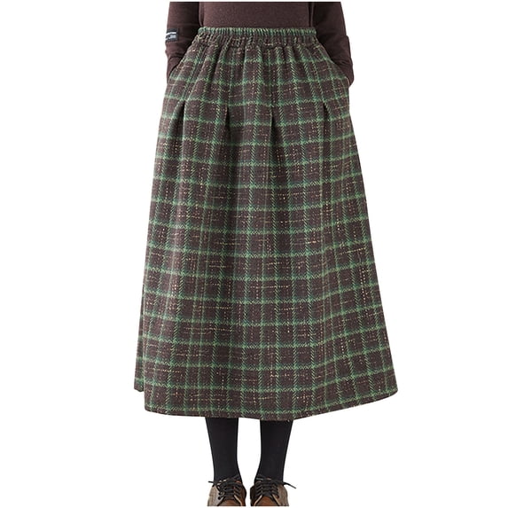 Gytharion Women's Wool Midi Skirts Fashion Plaid Print Elastic High Waist Skirt Fall Flowy A-Line Swing Long Skirts with Pockets