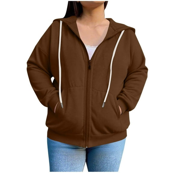 Gytharion Women's Zip Up Hooded Sweatshirts Fashionable Solid Casual Long Sleeve Drawstring Hoodies Fall Plus Size Loose Comfy Pocket Hooded Jackets for Women