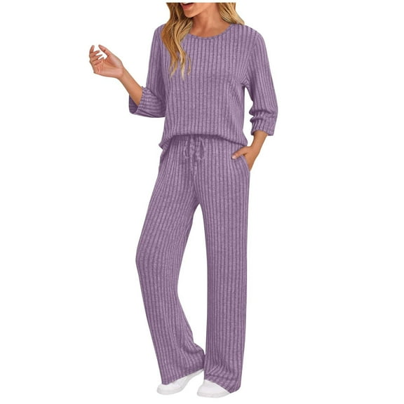 Gytharion Womens 2 Piece Lounge Sets Ribbed Knit 3/4 Sleeve Crew Neck Blouses and Long Pants Fall Outfit Sets Loose Comfy Pajamas Sets for Daily Wear