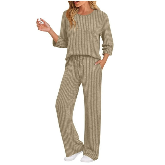 Gytharion Womens 2 Piece Lounge Sets Ribbed Knit 3/4 Sleeve Crew Neck Blouses and Long Pants Fall Outfit Sets Loose Comfy Pajamas Sets for Daily Wear