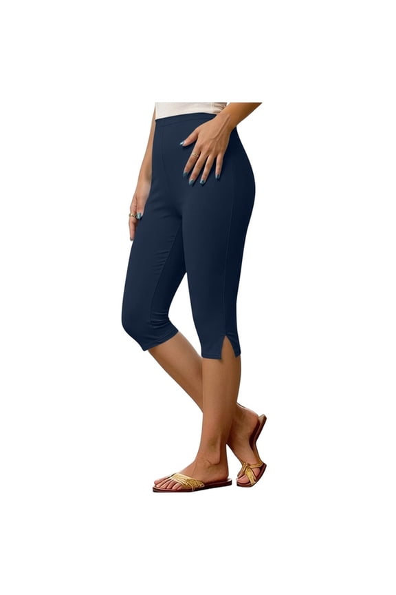 Womens Capri Pants Stretch High Waist Button Work Casual Pants with Pockets Cotton-linen Capris