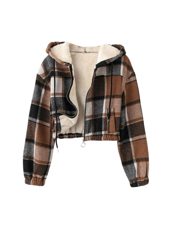 Womens Cropped Flannel Jackets Soft Comfy Fleece Lined Warm Coat Long Sleeve Zip Up Hooded Jacket Fashion Plaid Print Winter Outerwear with Pockets