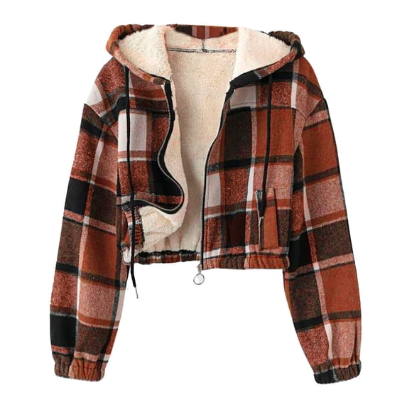 Gytharion Womens Cropped Flannel Jackets Soft Comfy Fleece Lined Warm Coat Long Sleeve Zip Up Hooded Jacket Fashion Plaid Print Winter Outerwear with Pockets