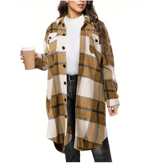 Gytharion Womens Fall Jackets Fashion Casual Plaid Printed Long Sleeve Lapel Blouse Outerwear Lightweight Loose Button Down Long Coats for Women