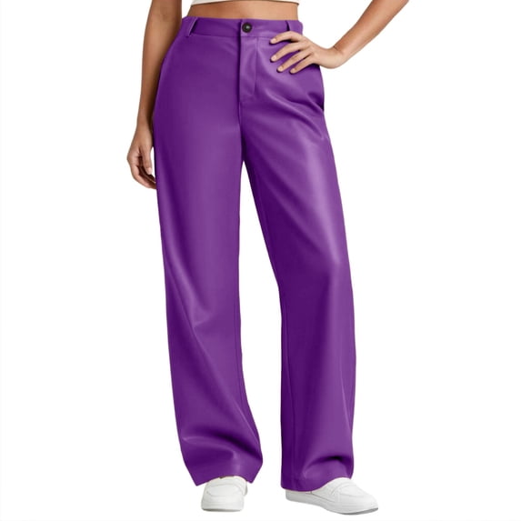 Gytharion Womens Faux Leather Pants Fashion Solid Button PU Straight Leg Trousers Lightweight Loose High Waist Pants with Pockets Stretch Open Bottom Business Casual Pants for Women