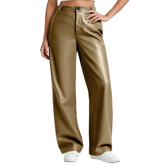 Gytharion Womens Faux Leather Pants Fashion Solid Button PU Straight Leg Trousers Lightweight Loose High Waist Pants with Pockets Stretch Open Bottom Business Casual Pants for Women