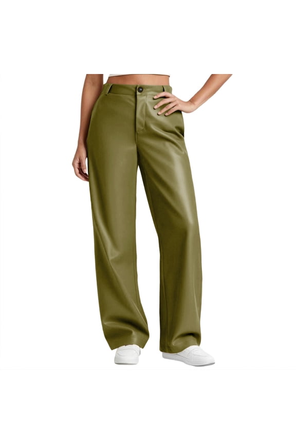 Womens Faux Leather Pants Fashion Solid Button PU Straight Leg Trousers Lightweight Loose High Waist Pants with Pockets Stretch Open Bottom Business Casual Pants for Women